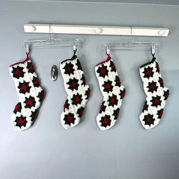 Set of 4 Granny Square Christmas Star Handmade Stockings Green Red Holiday Decor - Picture 7 of 12